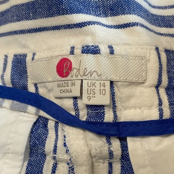 Boden 100% Linen Tie Waist Paper Bag Blue and White Pin Strip Shorts Size 10 - Picture 6 of 7
